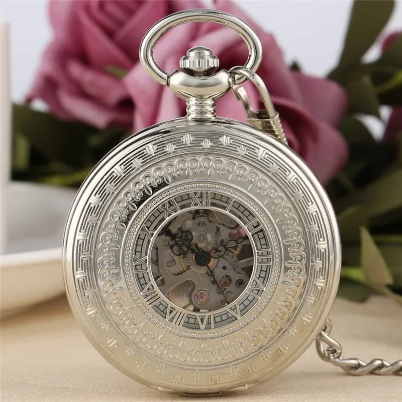 Luxury Silver Mechanical Pocket Watch Unisex Hand Winding Roman Numerals Display Pendant Chain Skeleton Clock Souvenir Gifts