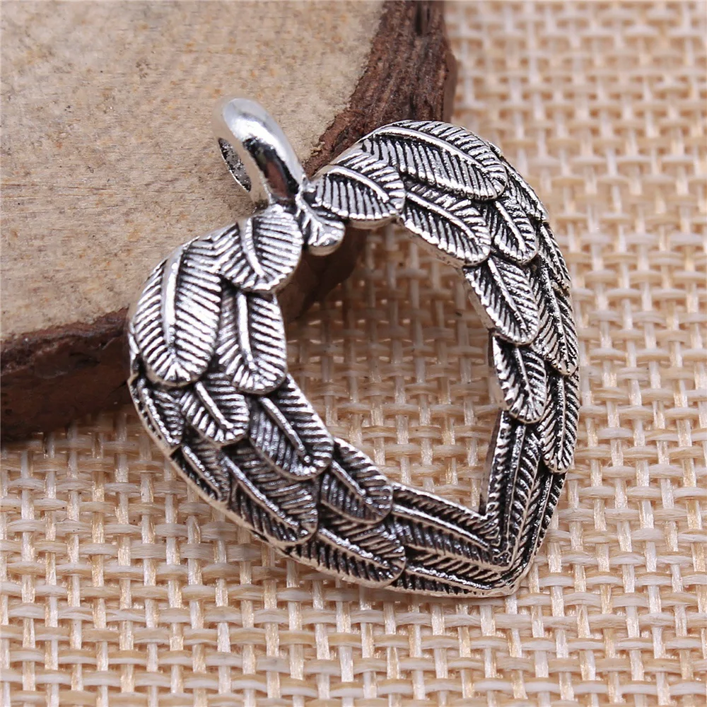 5pcs 31x26mm Antique Silver Color Feather Wing Heart Charms Pendant Vintage DIY Jewelry Findings