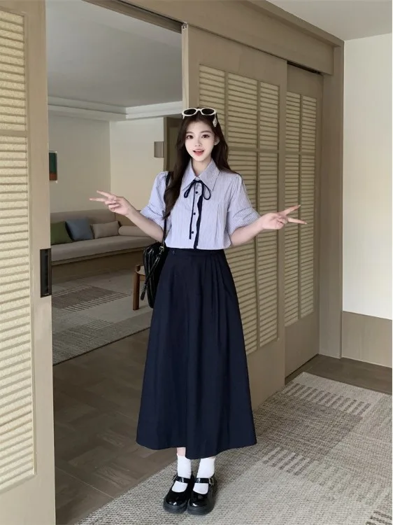 

plus Size College Style Set Women Summer New Ageless Striped Short Sleeve Casual Mid-Length Half Skirt Fashionable Ensemble