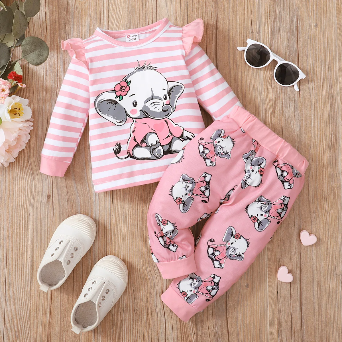 

PatPat 2pcs Baby Girl 95% Cotton Ruffle Long-sleeve Striped Tee and Allover Elephant Print Naia™ Pants Set