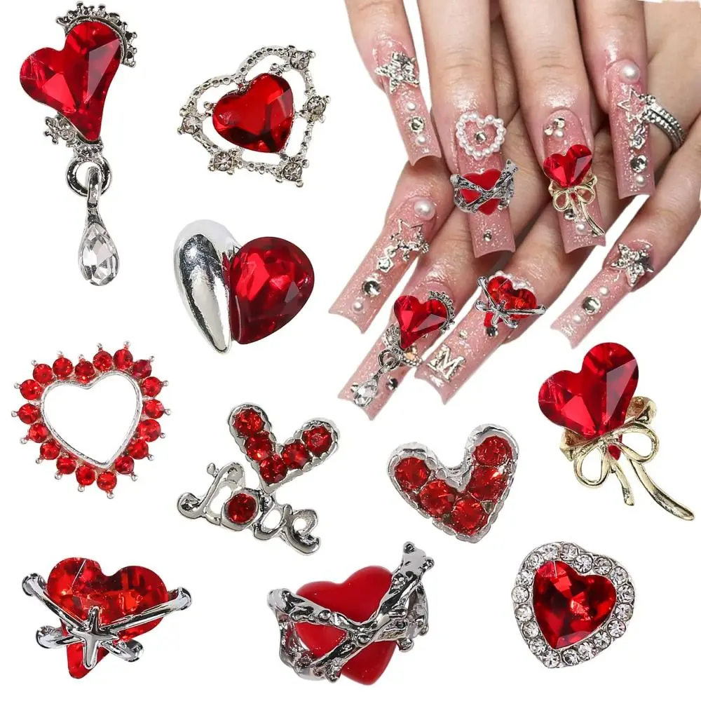 10 Uds. De piezas de uñas con purpurina para el Día de San Valentín, corazón rojo, dijes para decoración de uñas, diamantes de imitación de cristal, corazón de amor dorado y plateado