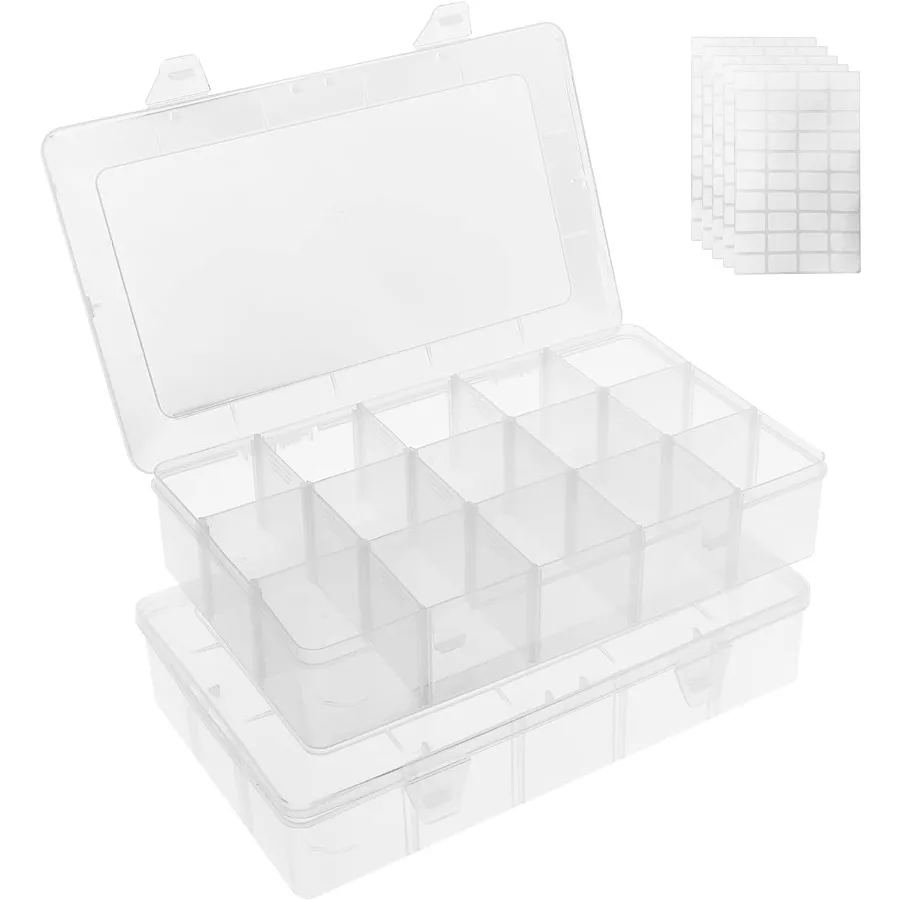 

2 Pack Clear Plastic Organizer Boxes with Adjustable Dividers for Jewelry Beads Screws Tackle Storage Washi Tapes and Small Par