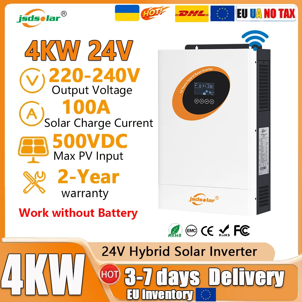 

jsdsolar 4KW 24V Hybrid Solar Inverter 230V Photovoltaic Off Grid Pure Sine Wave MPPT 100A With WIFI Solar Charge Controller