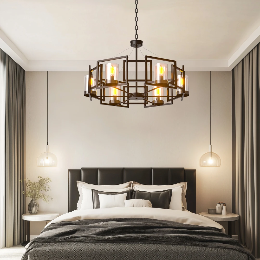 6-Light Industrial Chandelier Matt Black, Farmhouse Ceiling Pendant Lamp with Glass Shades for Dining Room Kitchen Island