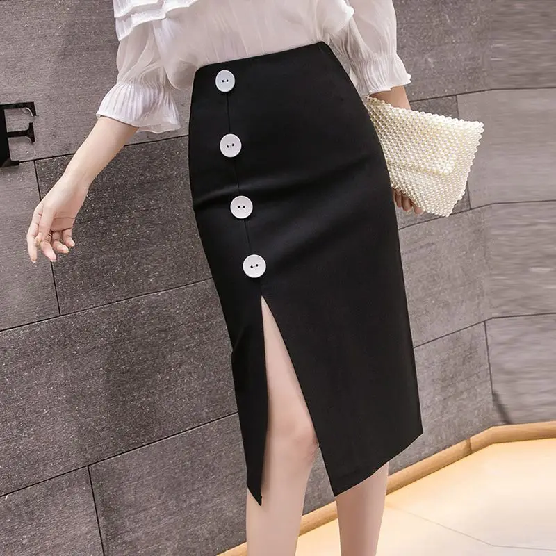 

2024 Women's Spring Autumn New Fashion Split High Waist Female Buttons Pencil Skirts Ladies Solid Color Slim Fit Skirt Q689