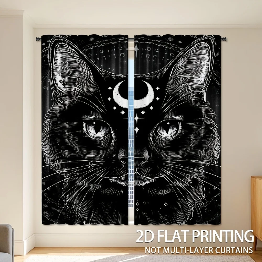Occult Black Cat Rod Pocket Curtain Detailed Line Drawing Crescent Star Monochrome Gothic Pattern Studio Men Leisure Bay Window