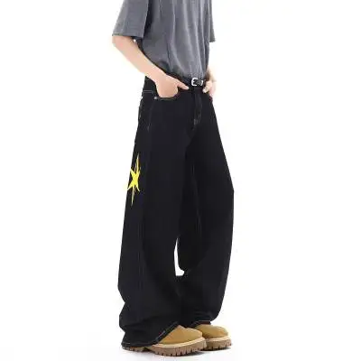 Autumn Men's Letter Printed Straight-Leg Baggy Jeans Hip Hop Fashion Washed Denim Pantalones American Retro Y2K Streetwear Jean