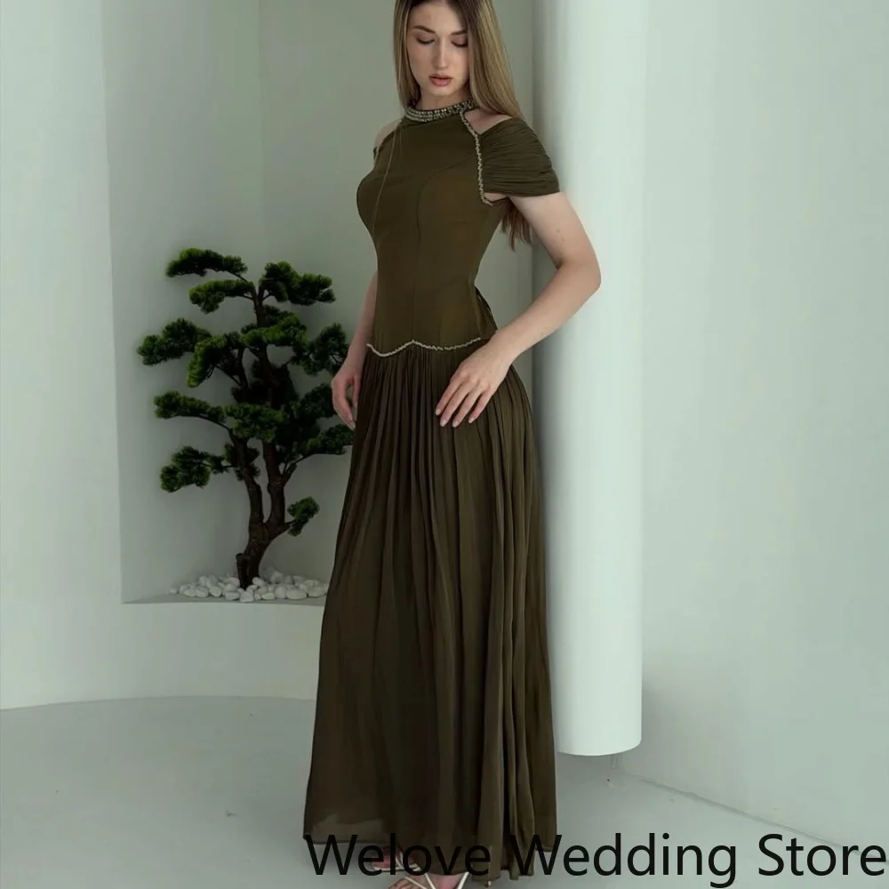 Customized Elegant Olive Green Maxi Dress Featuring a Cold Shoulder Neckline, Short Ruched Sleeves and Delicate Beaded Trim