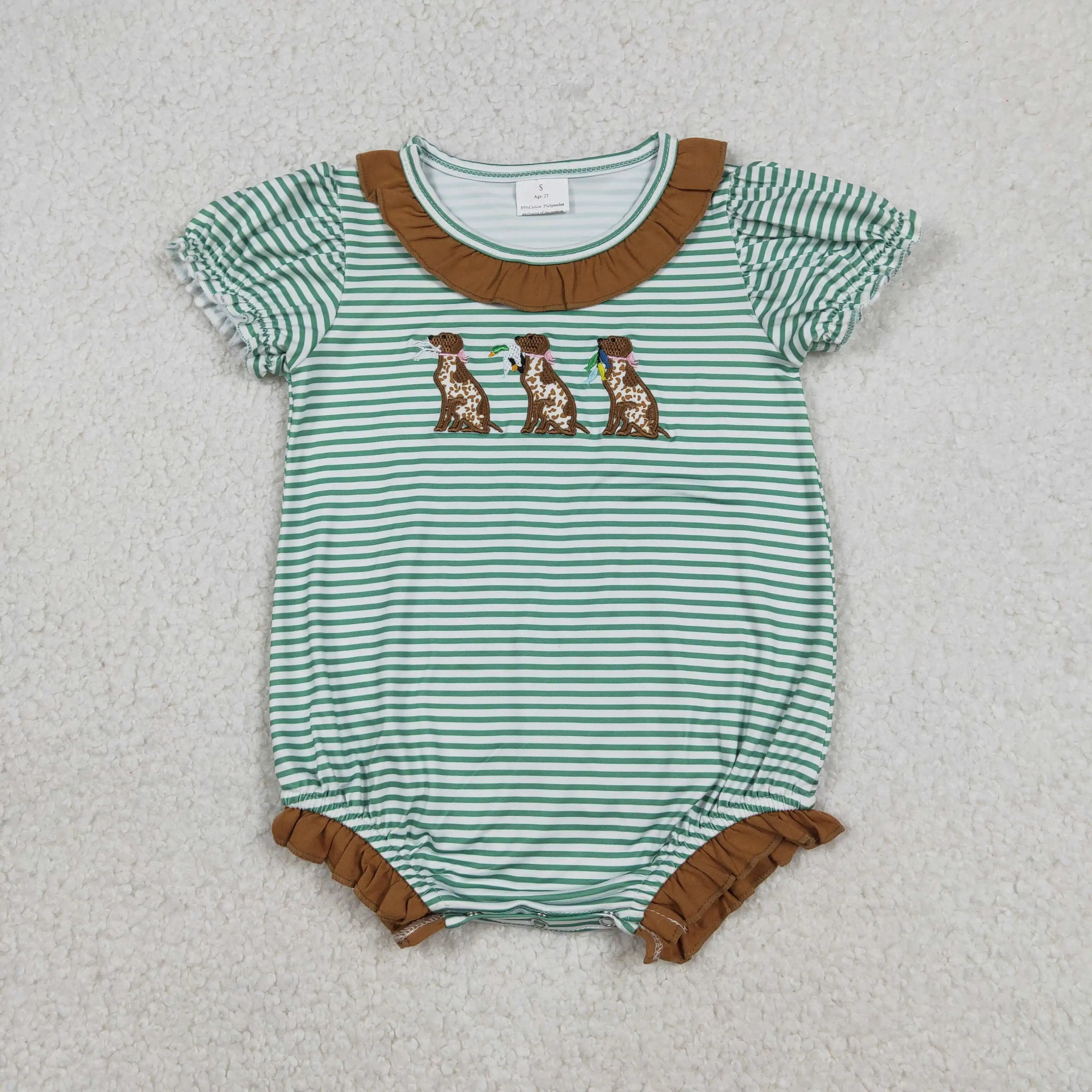 X12.22 SR3404 Wholesale boutique baby girls' embroidered duck and spotted dog brown lace green striped short-sleeved romper