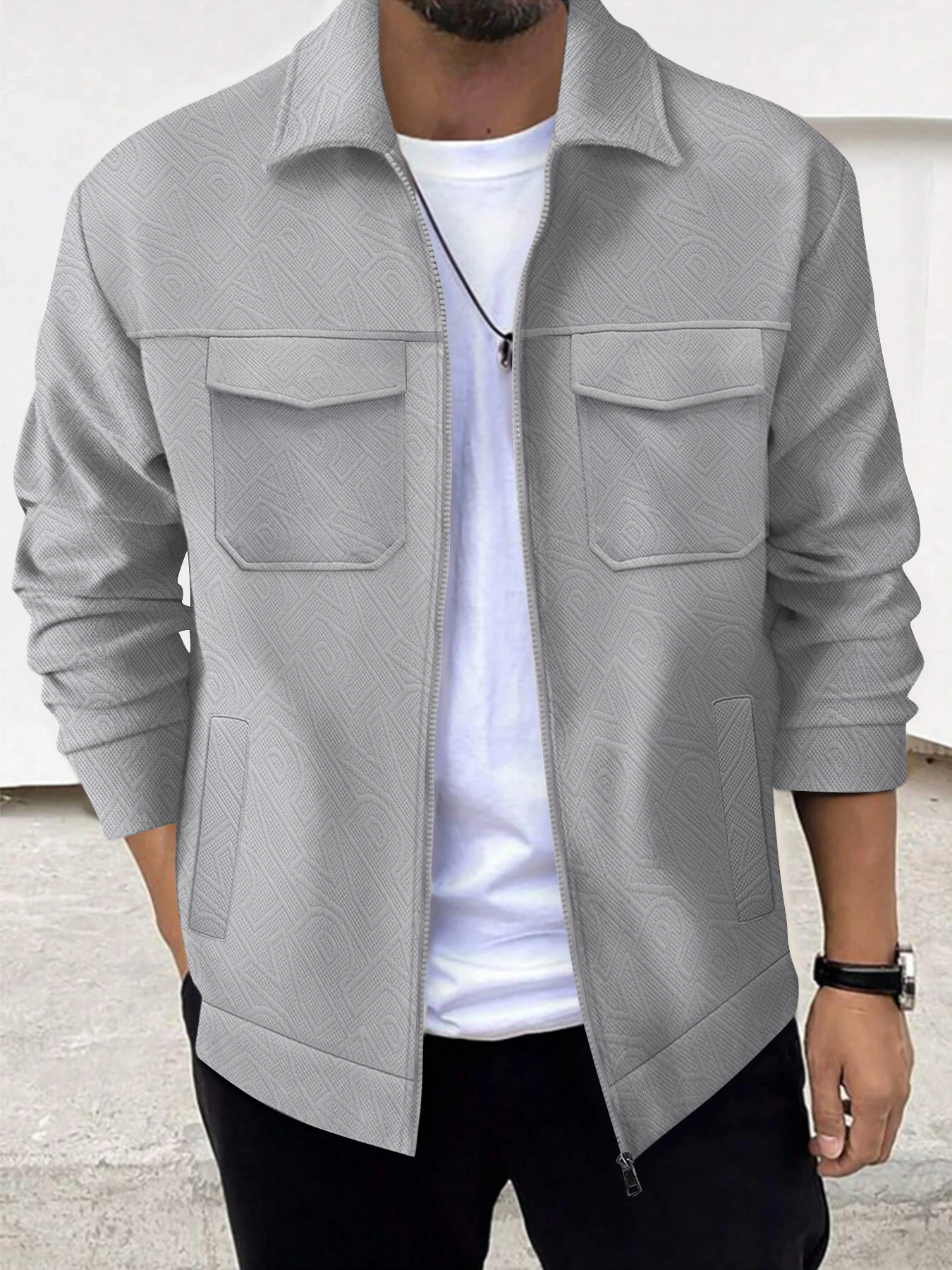 Autumn and winter new men\'s business casual jacket trend fashion solid color lapel pocket zipper thick long-sleeved top