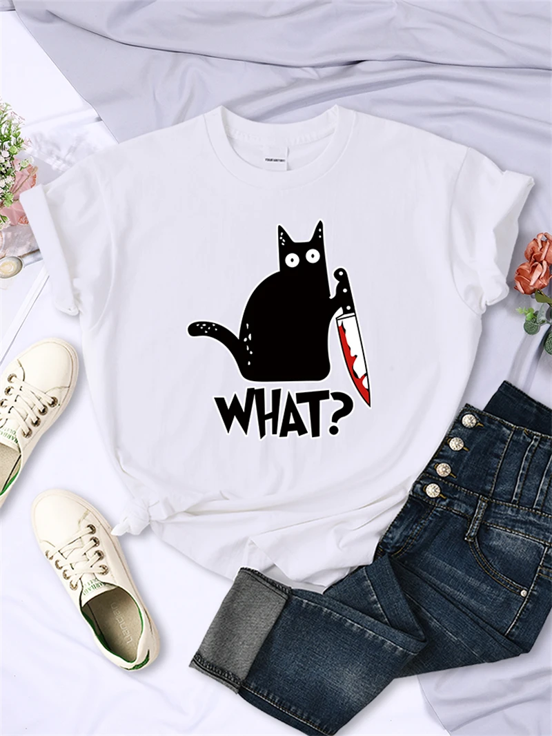 Kitchen Knife Black Cat Wha? Print Female Short Sleeve Fashion Breathable T-Shirts Summer Cool Tee Clothes Street Hip Hop Tops