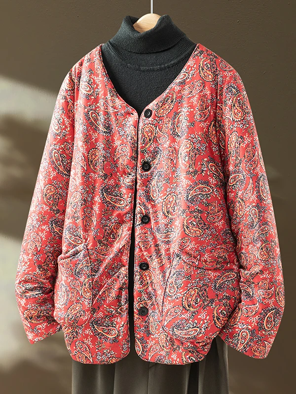 

Retro Cotton Jaet Women's Large Size Filled Warmth Floral Print Ethnic Sle Long Sve V-Ne Thiened Winter Outerwear
