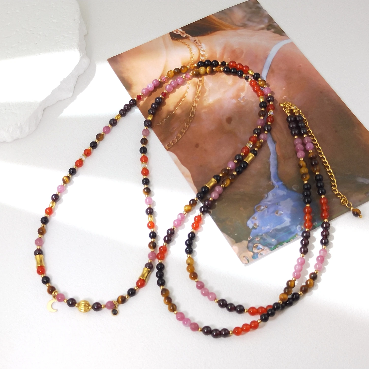 

Lii Ji поясная цепочка 109 + 8 см, черный агат, тигровый глаз, сердолик, рубин, гранат, бусины 4 мм, позолоченные ювелирные изделия ручной работы из нержавеющей стали