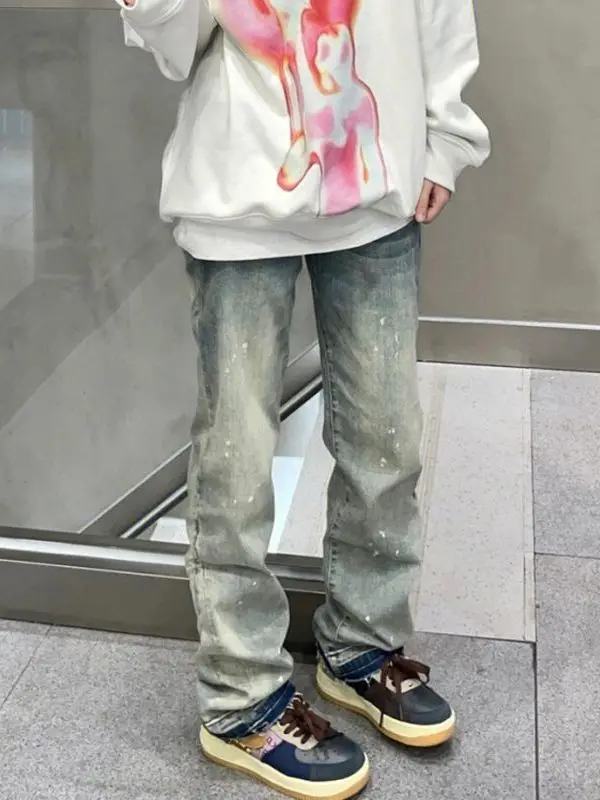 

American Vibe Mud Jeans Women's Retro Splaed Ink Autumn Winter Street Sle High Waist Straight Leg Floor-Length Trousers