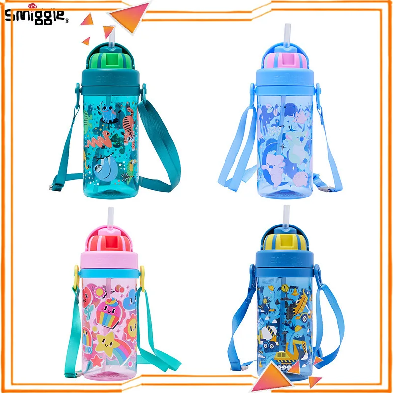 

New Genuine Australian Smiggle Water Bottle Children'S Portable Rope Water Cup Student Cartoon Straw Cup 430ml Plastic Cup Gifts
