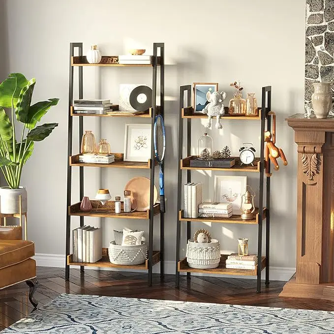 أرفف كتب خشبية منزلية بإطار معدني حديث، منظم تخزين أرفف الكتب لغرفة المعيشة