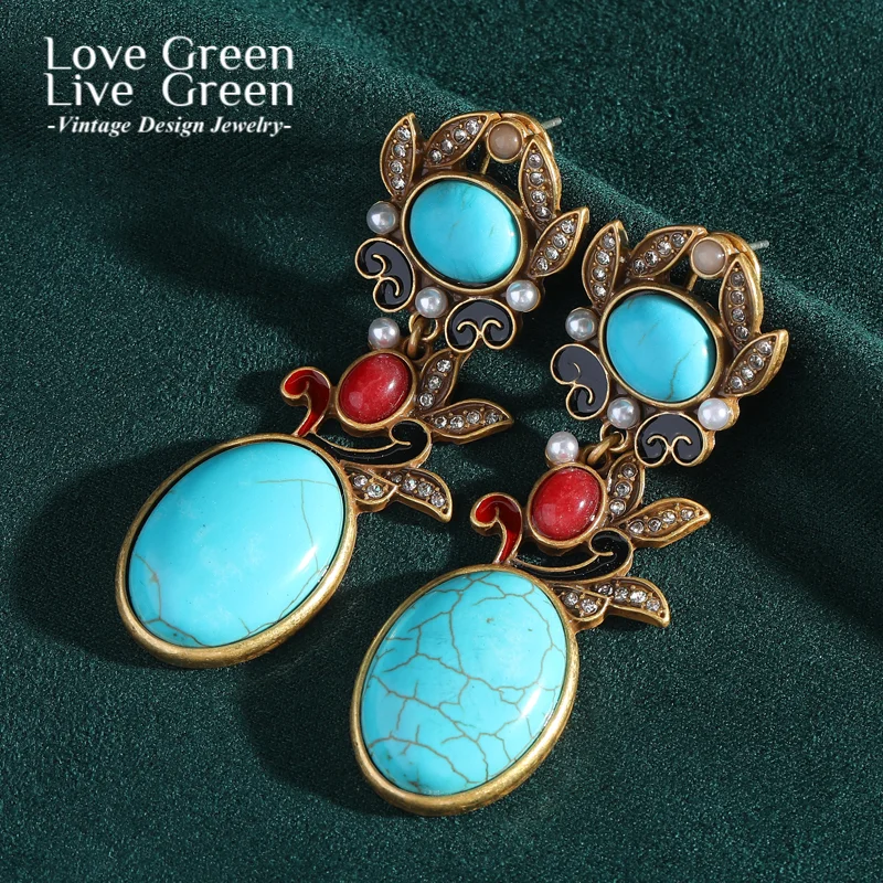 

Vintage Turquoise Earrings Drop Dangle For Women Flower Sea Blue Natural Stone Gold Color Jewelry Designer 2025 Accessories New