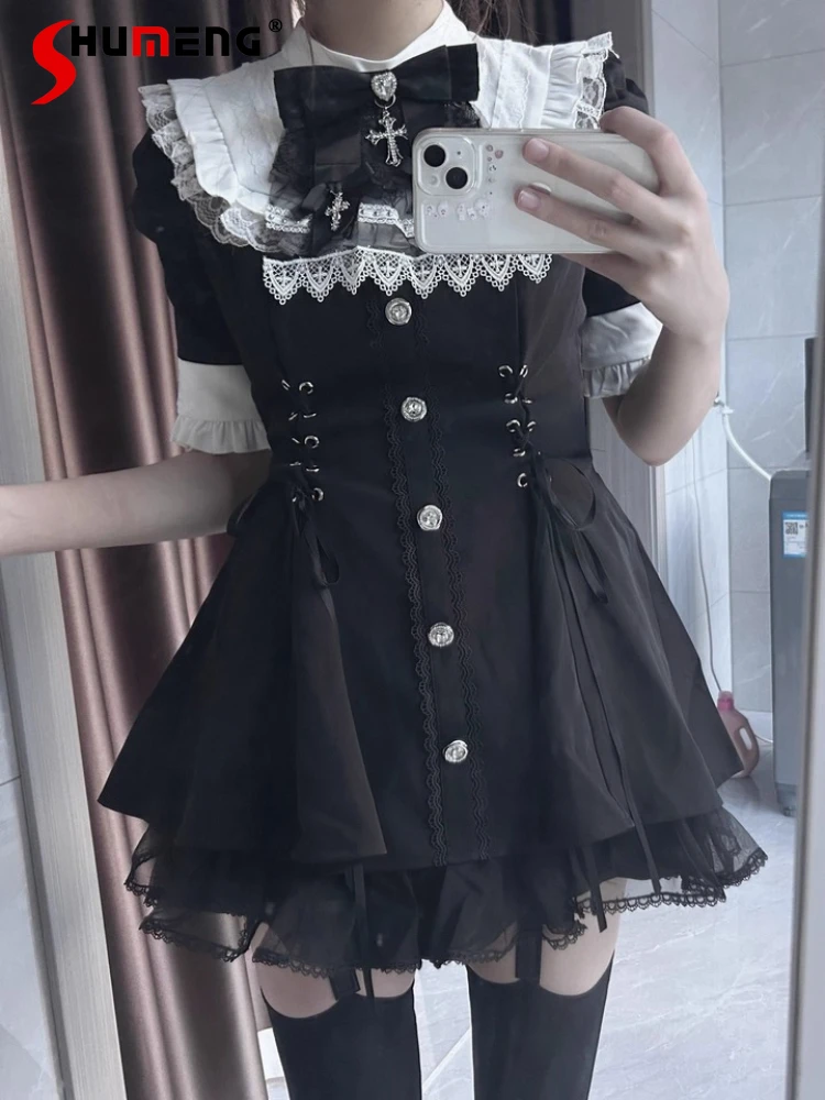 

Оригинальный японский стиль Mines, массовое производство, милые комплекты платьев с короткими рукавами для девочек, тонкое платье на шнуровке с бантом, шорты, комплект из 2 предметов для женщин