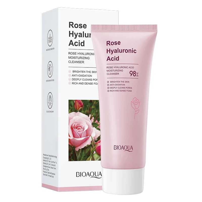 BIOAOUA Rose & Hyaluronic Acid Moisturizing Cleanser Gentle Cleansing Foam Face Wash Hydrating Facial Cleanser 100g