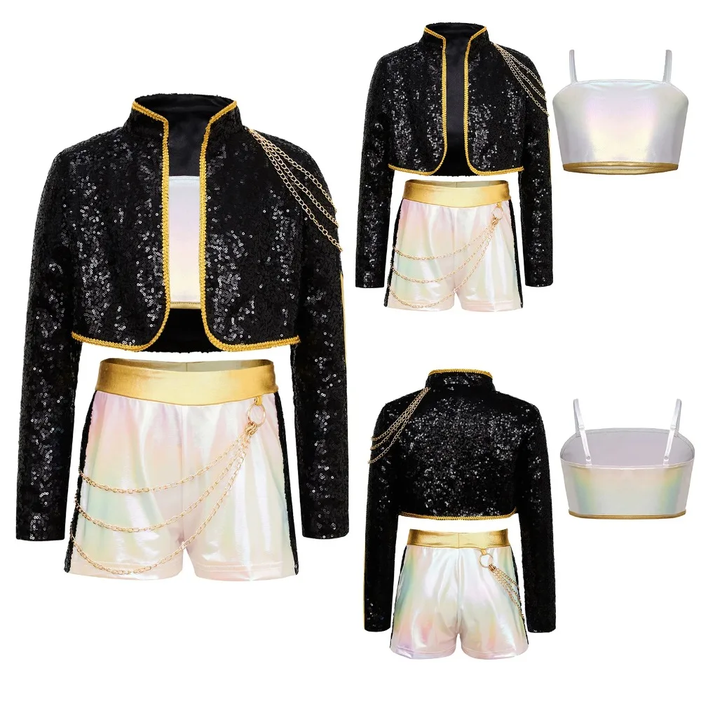 Kids Girls 3Pcs Demon Cosplay Singer Outfit Iridescent Gloss Crop Top Long Sleeve Trim Sequins Outer Wear and Waist Chain Shorts