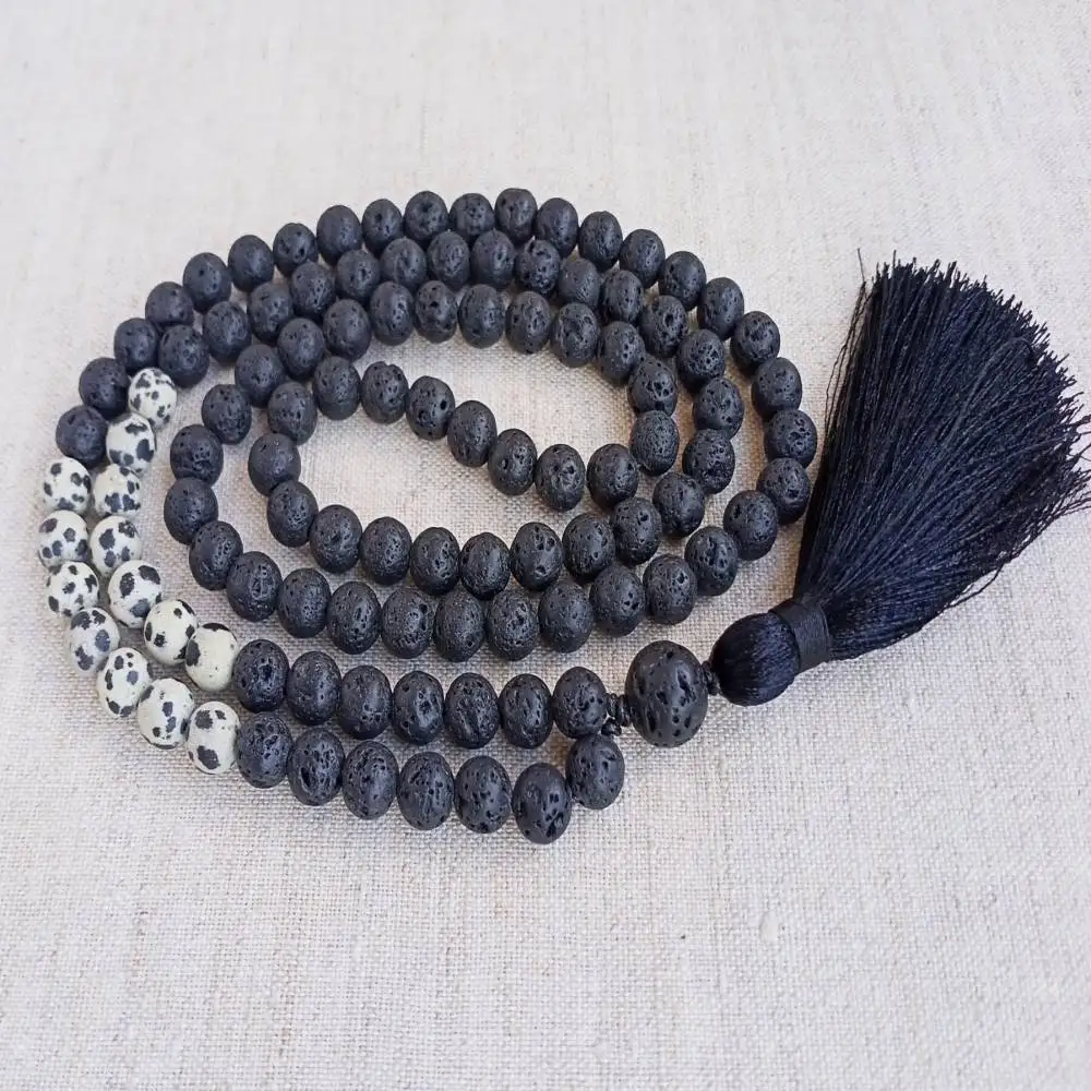 Natural Lava Rock 108 Beads Mala Necklace with Dalmatian Jasper Accent & Black Tassel Spiritual Aromatherapy Jewelry