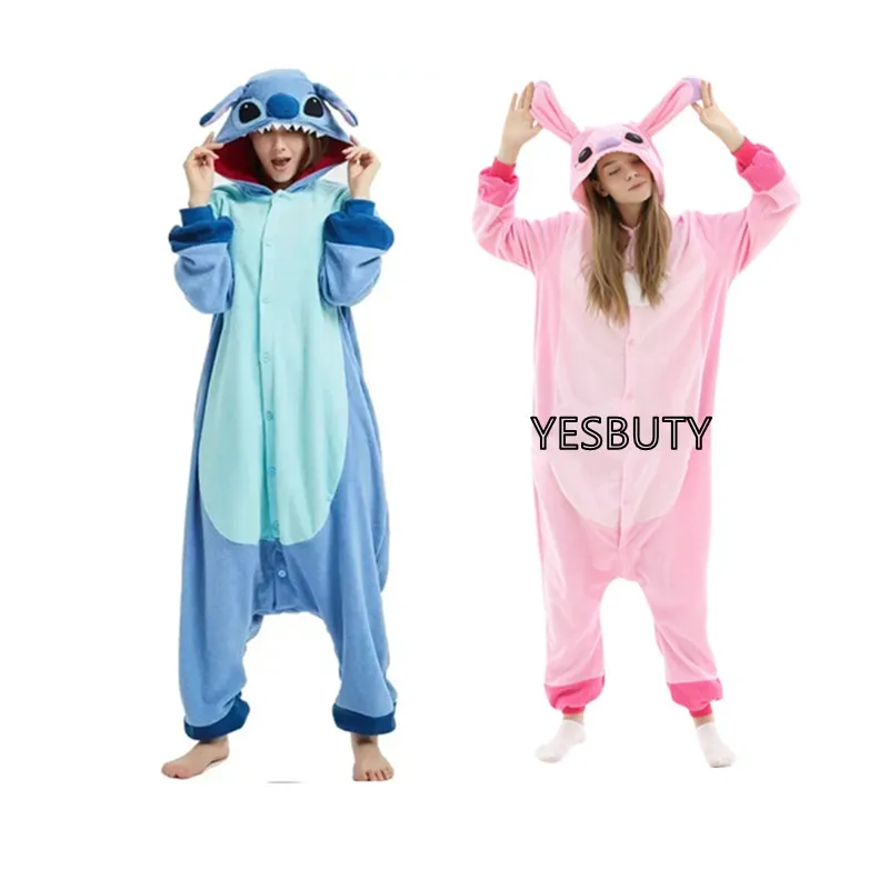 Blue Stitch Onesies Kigurumi Animal Pajamas Unisex Adult Fleece Hooded Jumpsuits Sleepwear Anime Party Cosplay Costume