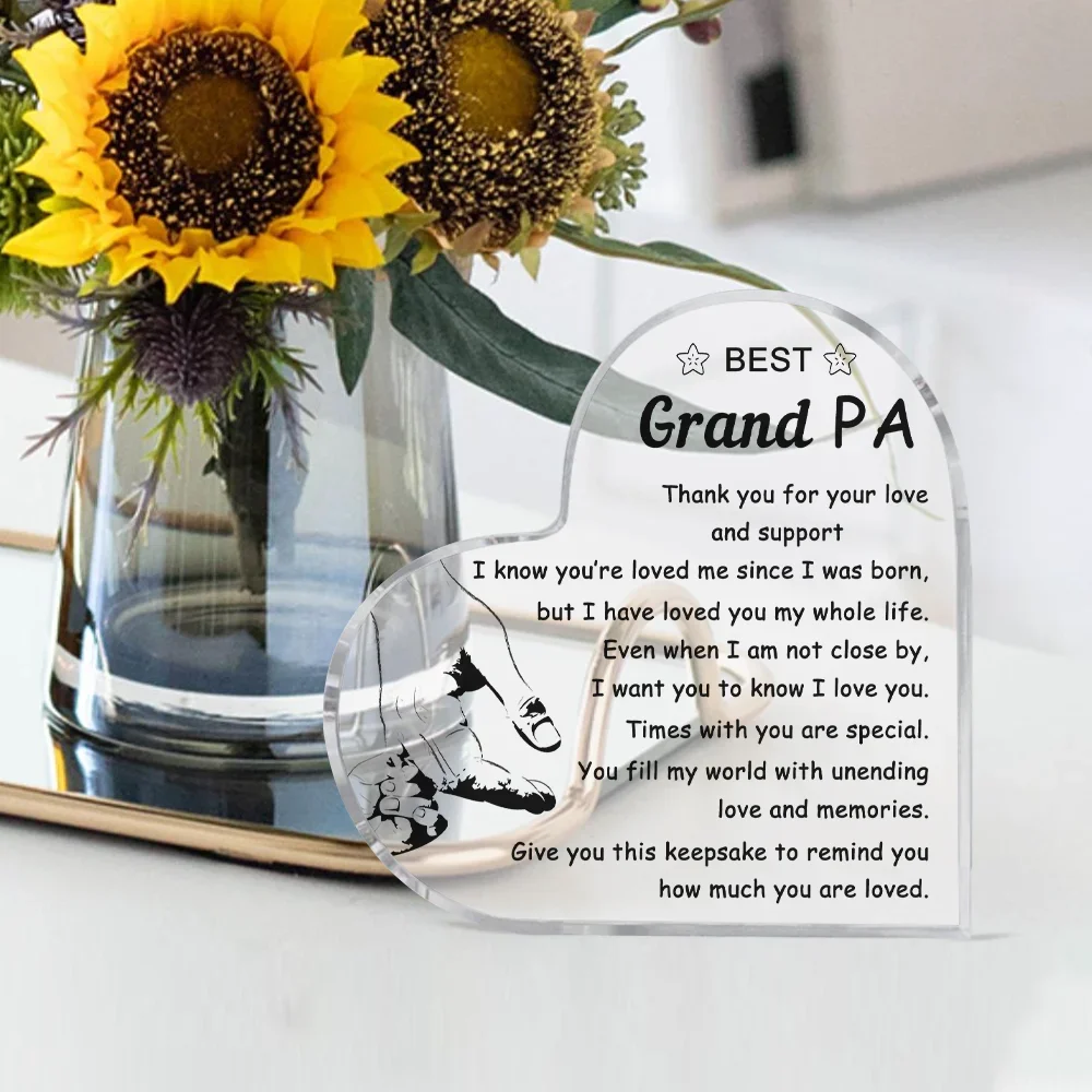 Heart Acrylic Plaque For Grandpa Adult And Kid Holding Hands Print Thank You Wording Desk Gift