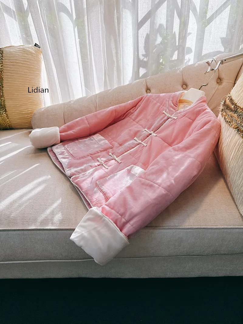 Lidian Women Chinese Style Coat 2024 Winter Cotton Padded Coat Pink Velvet Tang Top Straight Outerwear New Year