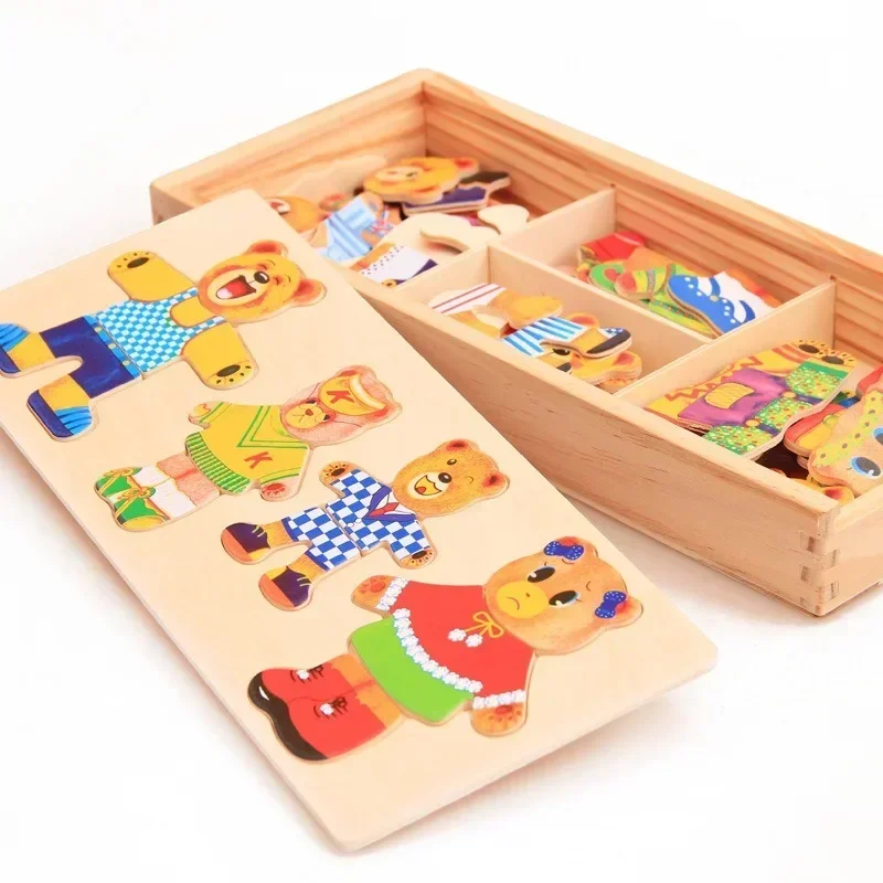 Little Bear Change Clothes Children\'s Early Education Wooden Jigsaw Puzzle Dressing Game Baby Puzzle Toys for Children Gift