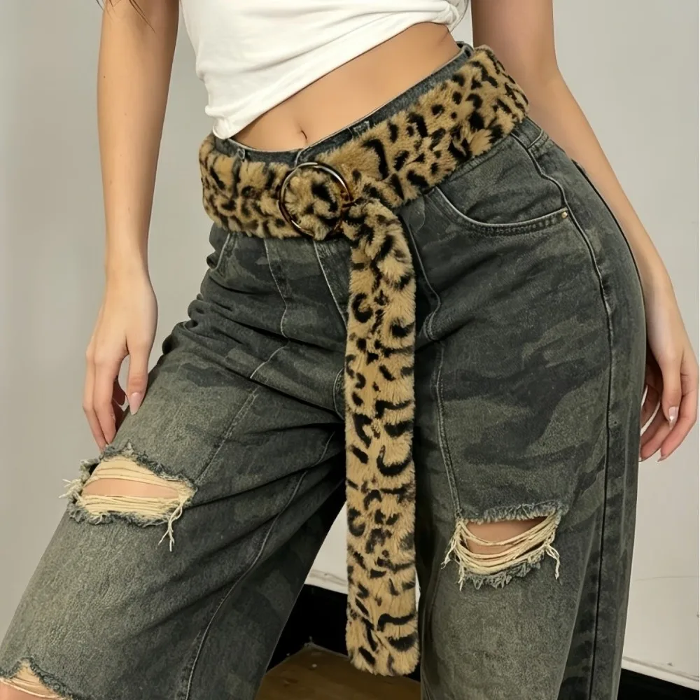 Retro Street Style Faux Fur Waist Belt Adjustable Length Leopard Print Pattern Leopard Print Belt Faux Fur Fur Belt for Women