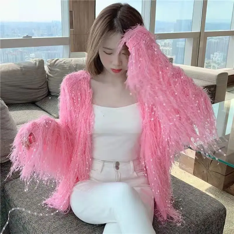 Fashion Women Cardigan Coat Cute Tassel Knitted Outerwear Coat Batwing Sleeve Sequin Sweater Fur Jacket