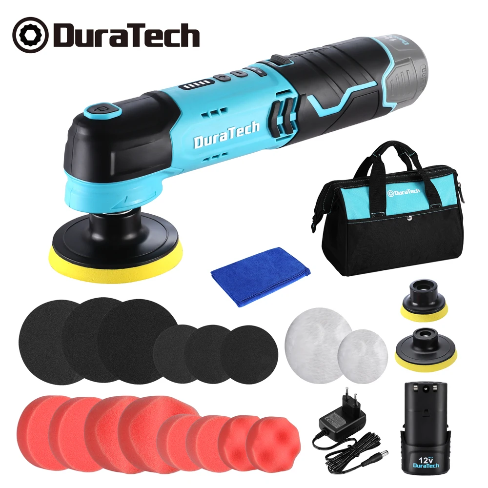 Duratech 12V Cordless Car Polisher Compact & Powerful 6-Speed Buffer with 2.0Ah Battery Full Detailing Kit for Car Care 