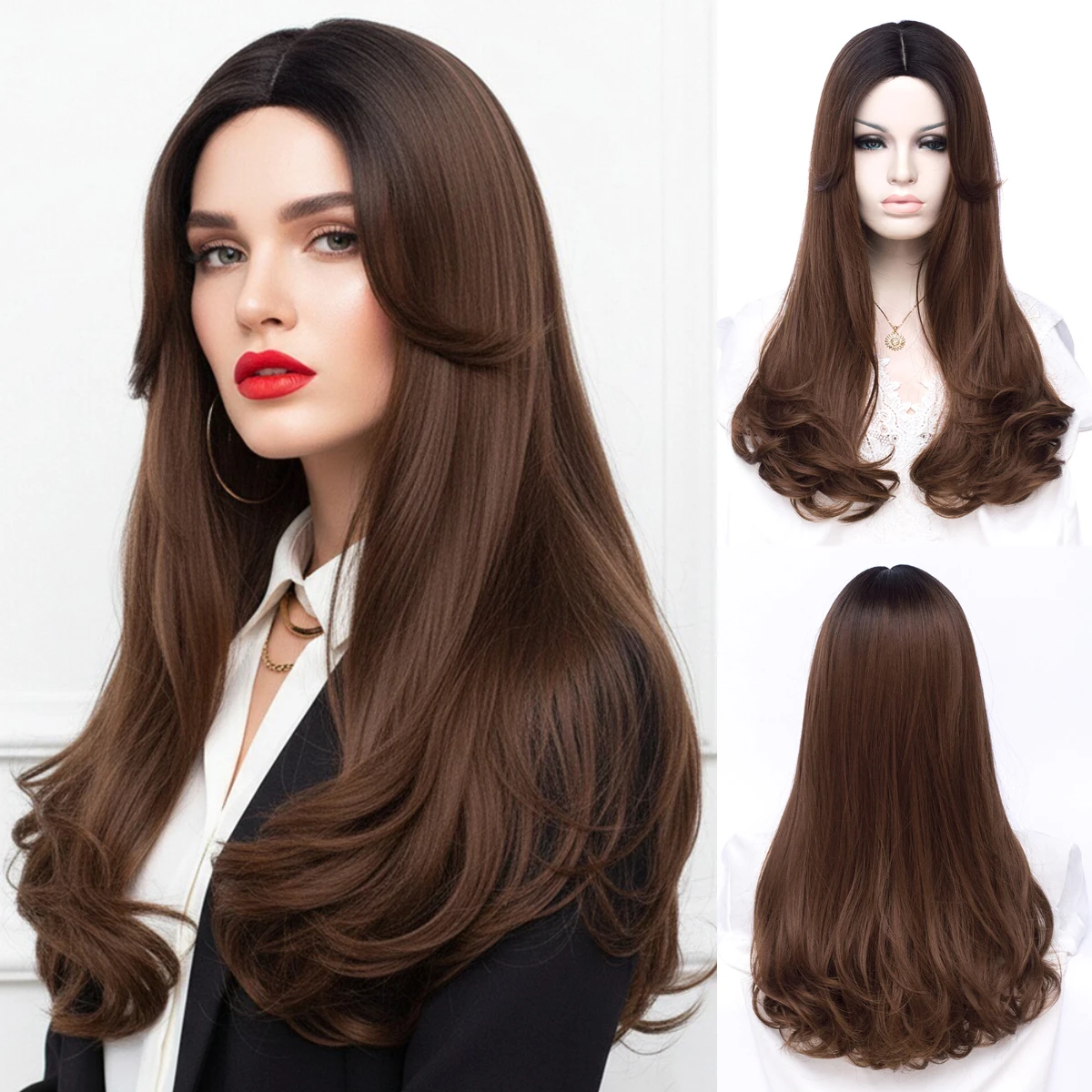 

Long Wavy Synthetic Brown Ombre Black Wig With Bang for Women Heat Resistant Fiber for Lolita Cosplay Casual Glam