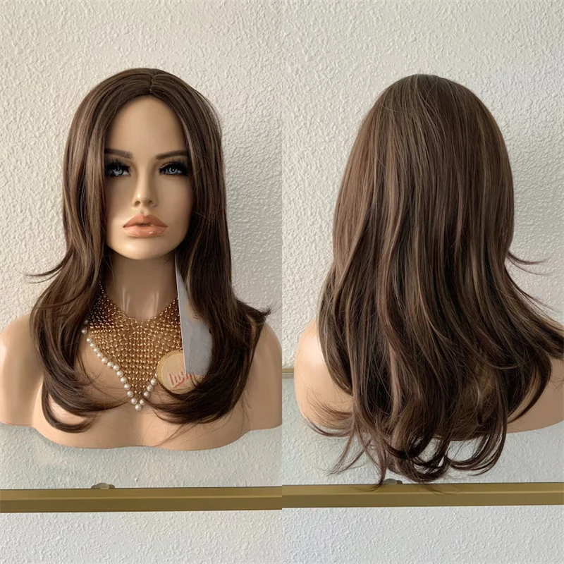 Natural Wave Wig 16 Inch Ombre Brown with Blonde Streaks Highlights Balayage Luxury Synthetic Lace Front Wig Preplucked Hairline