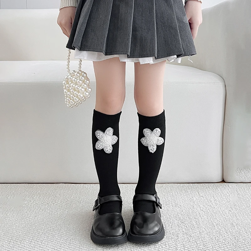 Girls Korean Sweet Mid Calf Stockings Delicate Hand Sewn Pearl Flower Craft Breathable Elastic Knit Versatile Daily Calf Hosiery