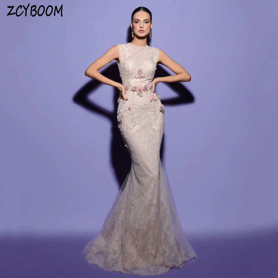 Encantador vestido de noche sin mangas de encaje con flores y cuello redondo, vestido de fiesta con cremallera hecho a medida hasta el suelo de sirena 2025
