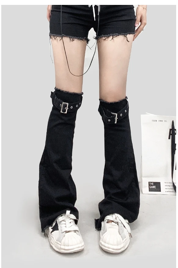 Y2K Hot Girl Black Washed Denim Leg Warmer Women\'s Mop Pile Style Pants Over The Knee Boots Tube Socks Tide High Socks