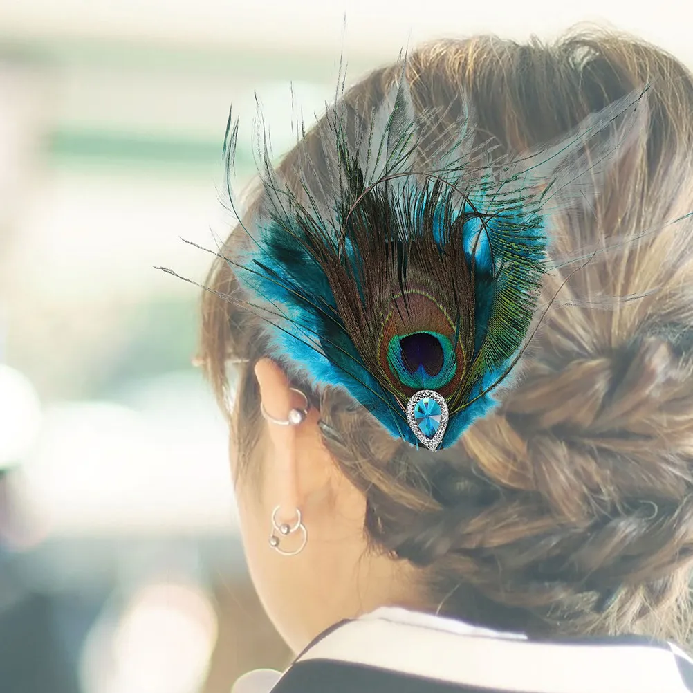 

2Pcs Retro Peacock Hair Clips Women Vintage Faux Plumage Rhinestone Decorative Hair Accessories Wedding Party Carnival Barrette
