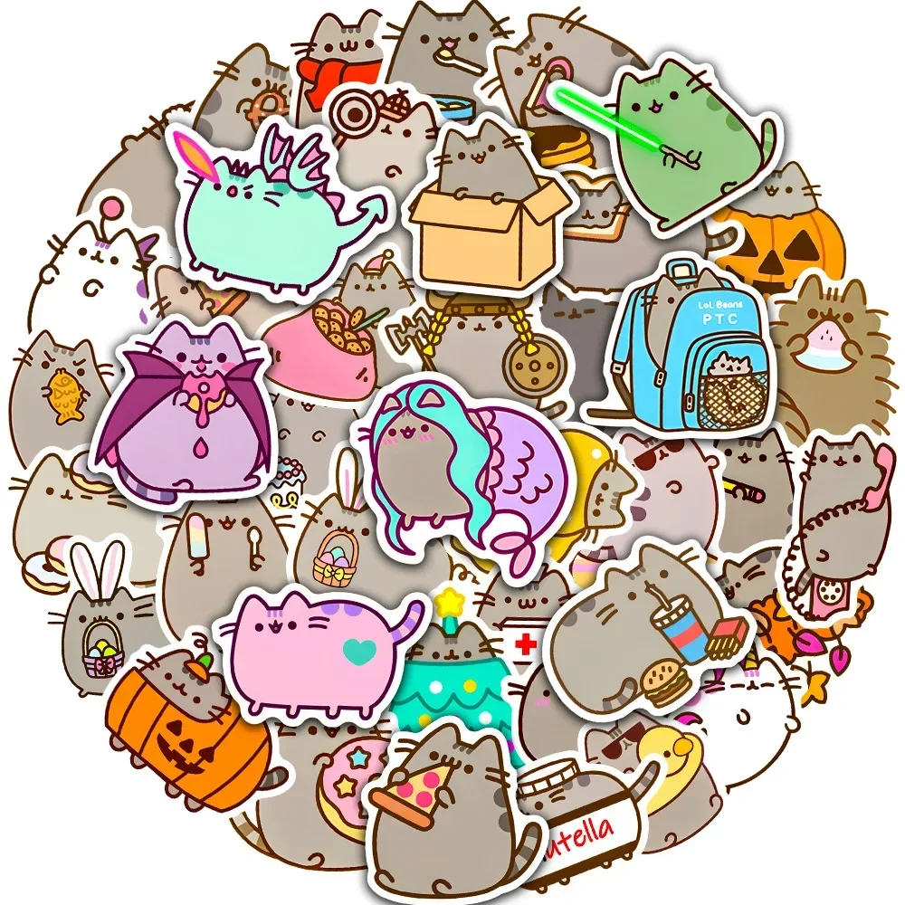 50pcs Pusheen Cat Sticker Cartoon Cute Decoration Laptop Luggage Stationery Waterproof Anime Stickers Kids Toys Birthday Gifts