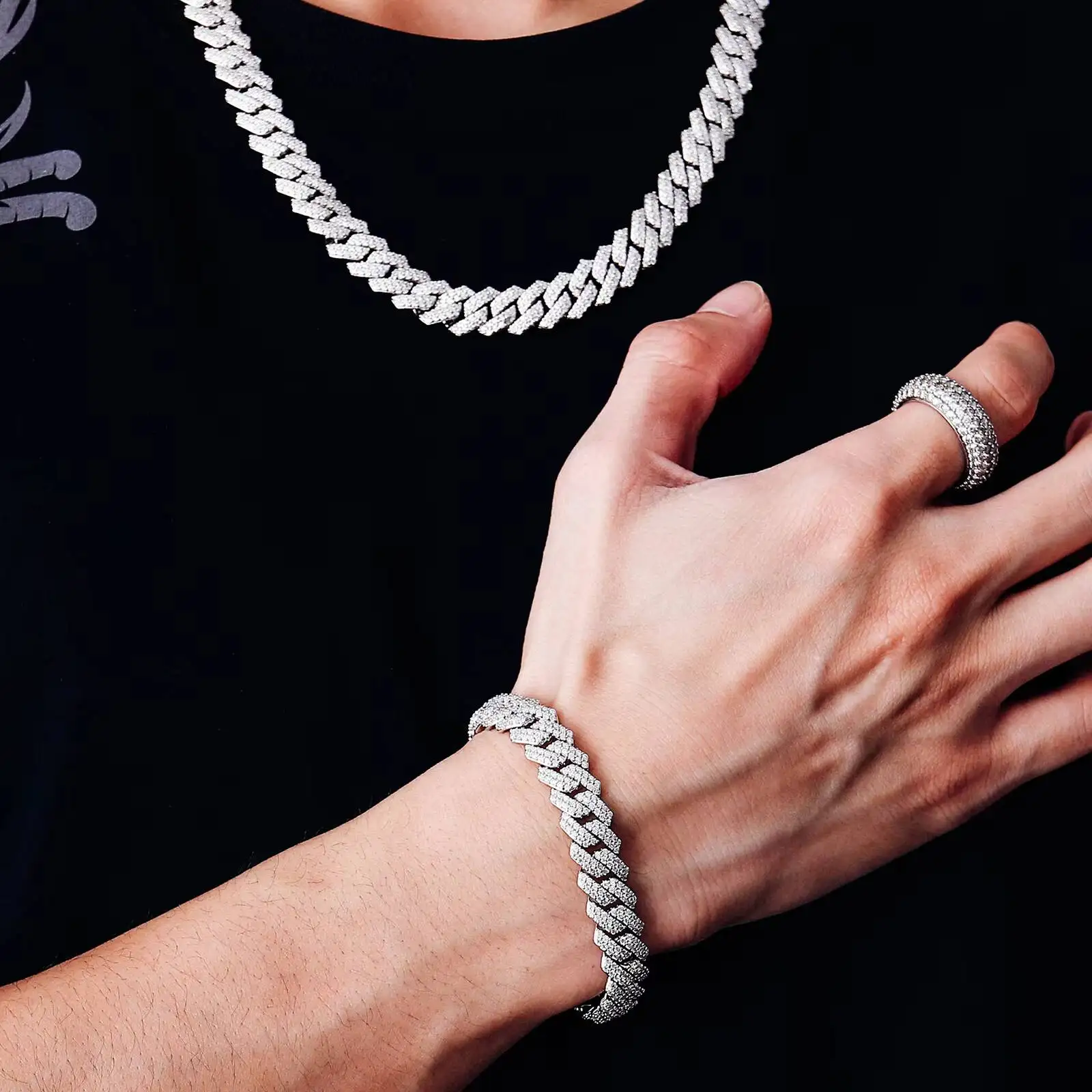 Fashion Hiphop Jewelry 8mm Moissanite Cuban Link Chain with 925 Sterling Silver Cuban Link Bracelet Fashion Punk Style for Party