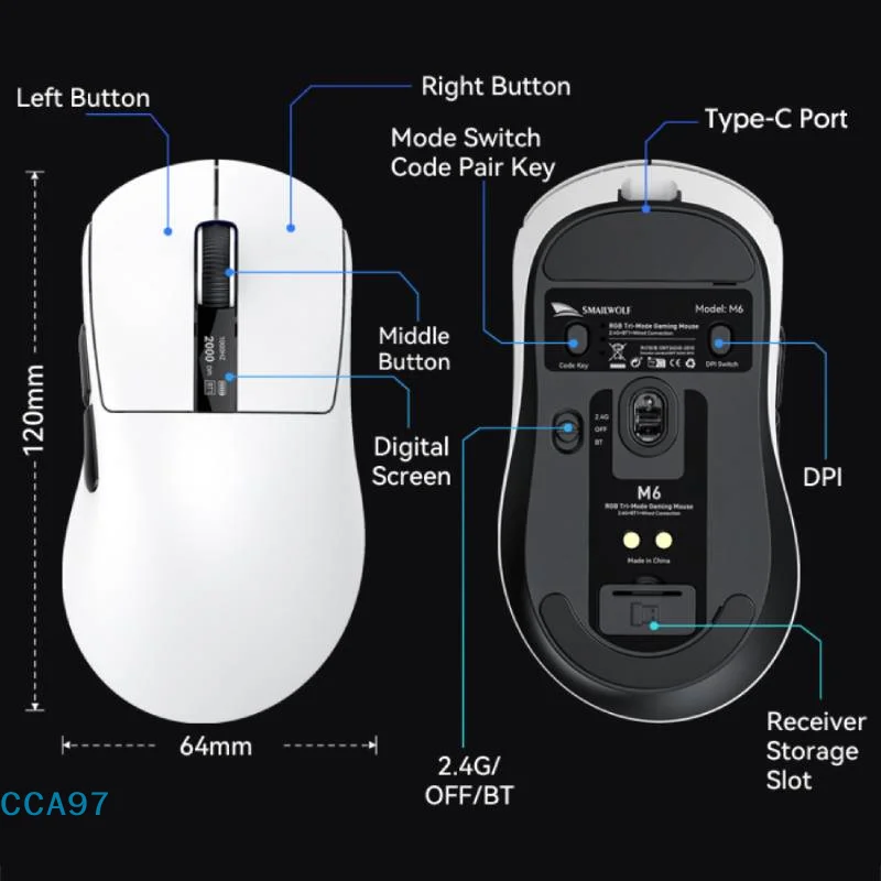 

【A】SMAILWOLF M6 Wireless Gaming Mouse Bluetooth Mouse PAW3311 Tri-Mode Connection E-sports Mouse With RGB Magnetic Charging Dock