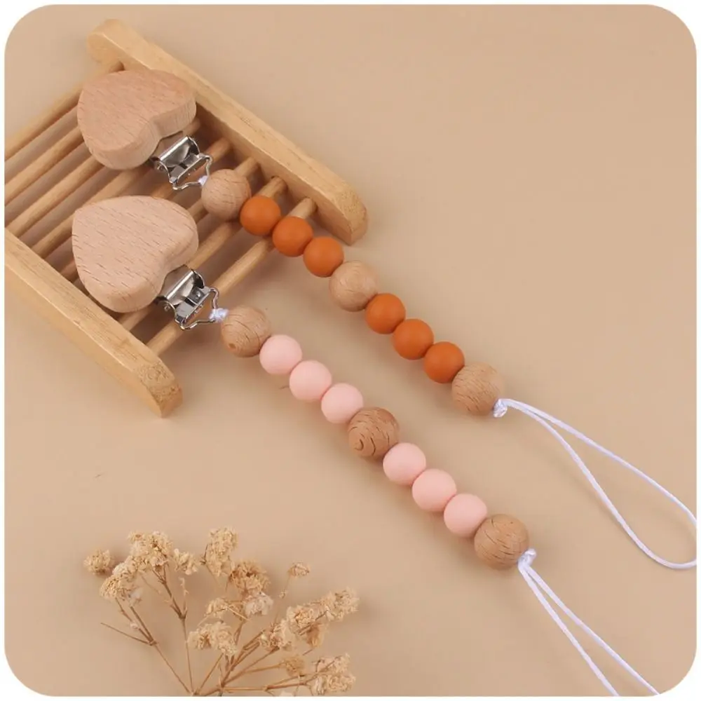 Dummy Clips Pacifier Holder Clips Wood Love Baby Teether Toys Straps Nipple Holder Clips Soother Holder Baby Pacifier Chain