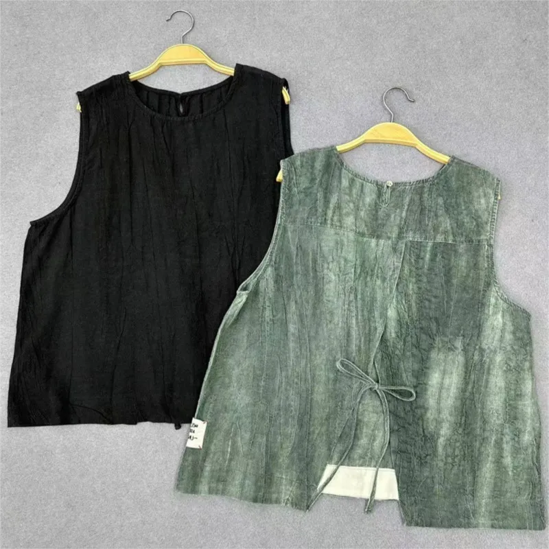 Johnature 2024 Summer New Fried-colored Linen Vintage Vests Japanese Casual Loose Lace-up Layered Sleeveless Women Vests