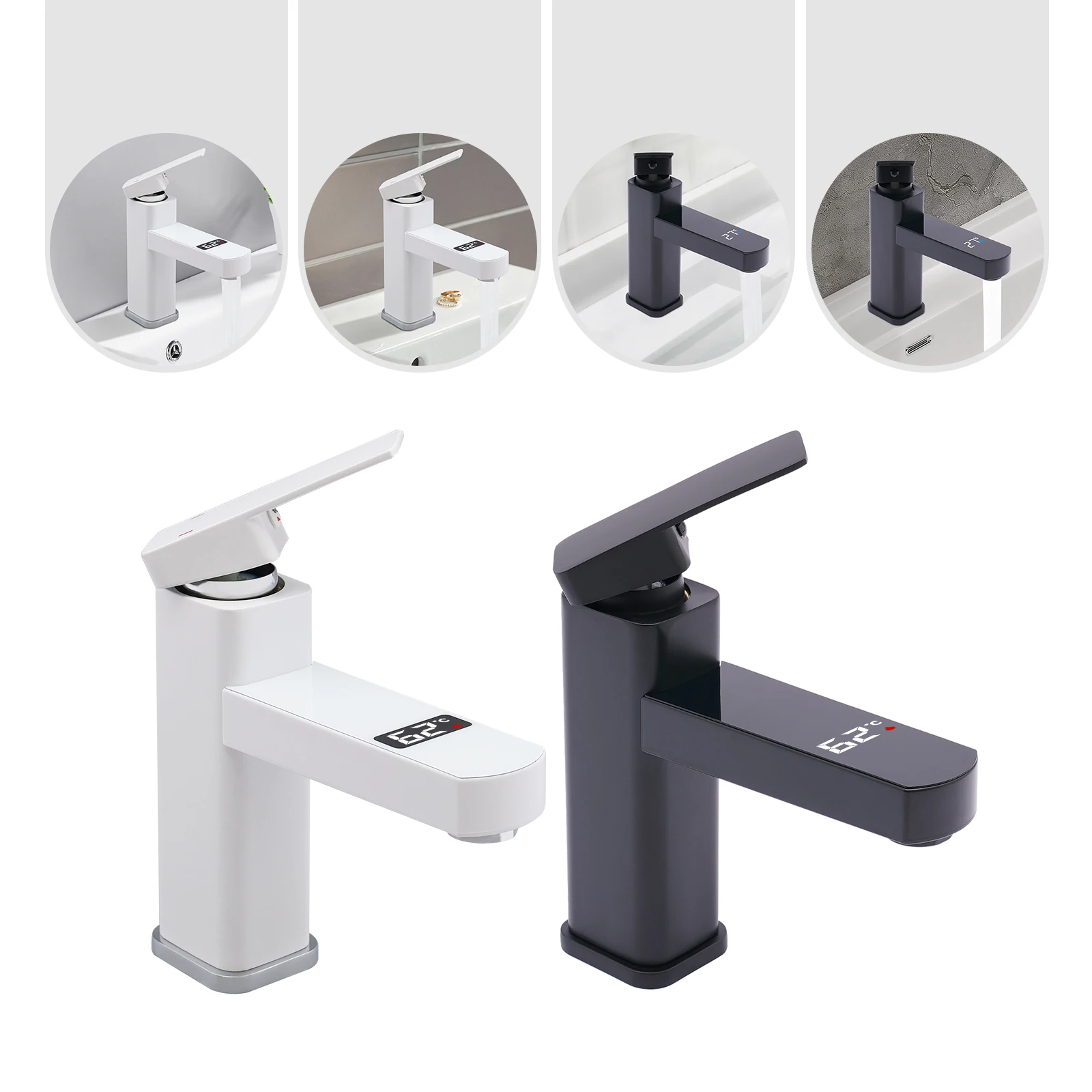 Black And White Washbasin Faucet, Bathroom Kitchen Single Pole Faucet With Digital Display Screen