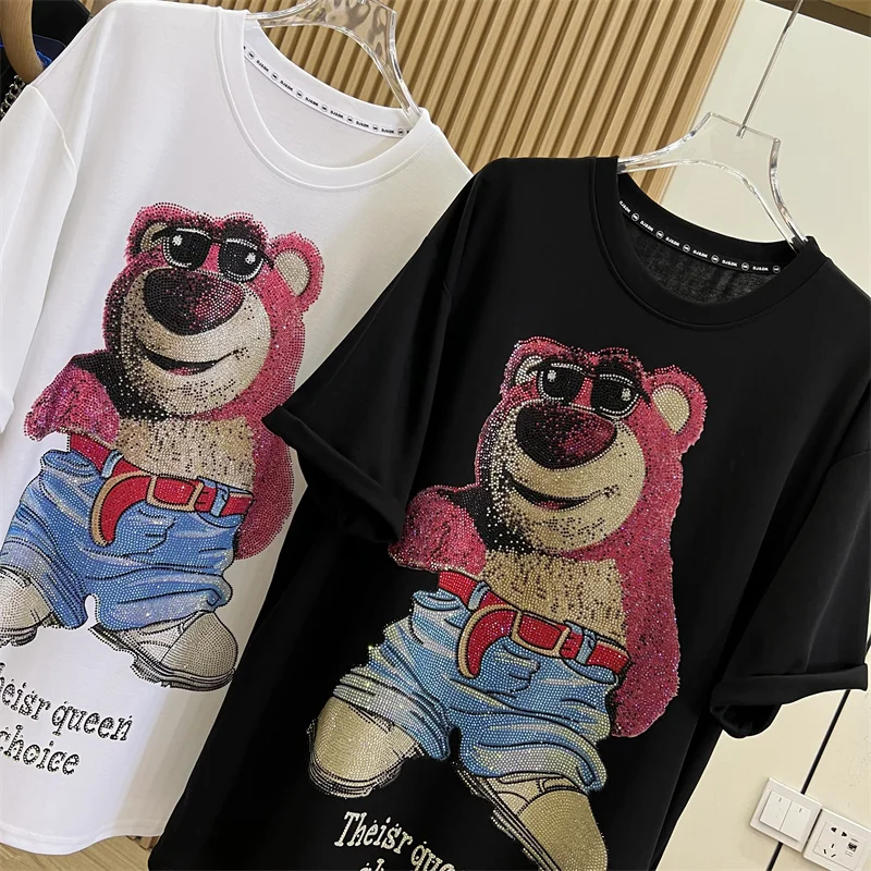 Fashion Cartoon Bear Rhinestone Top 2024 Summer New Loose Mid-Length Short Sleeve T-shirt Women Black Round Neck Casual Top