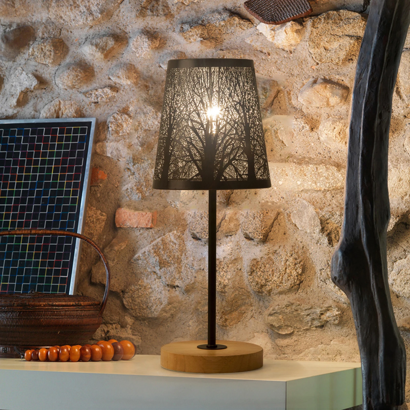 OuXean Table Lamp Black Modern Hollowed Metal Lampshade with Wooden Base, Bedside, Living Room, Decoration, E14 No Bulb