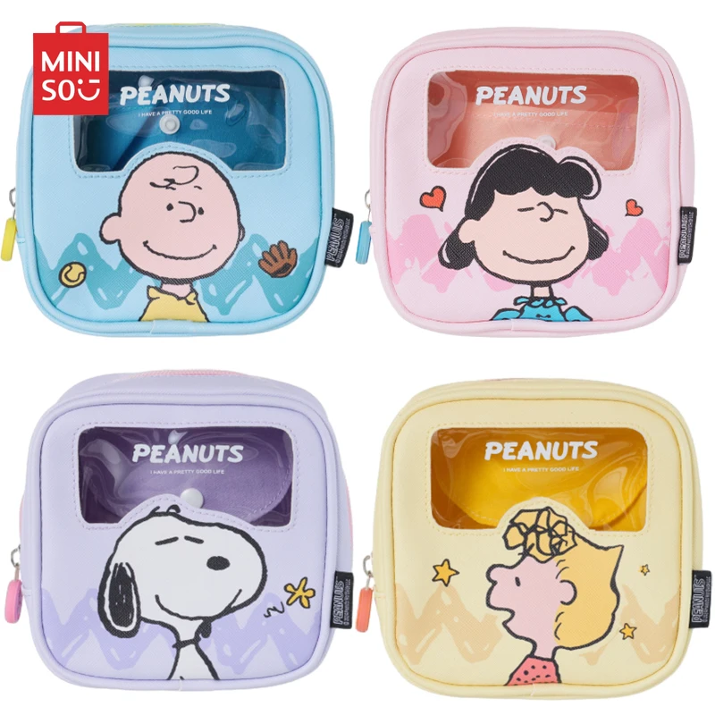 Miniso-Kawaii Snoopy Anime PU Leather Coin Purse, Carteira Portátil Dos Desenhos Animados, Saco De Armazenamento De Fone De Ouvido, Chaveiro Cosmético, Presente De Moda, Novo