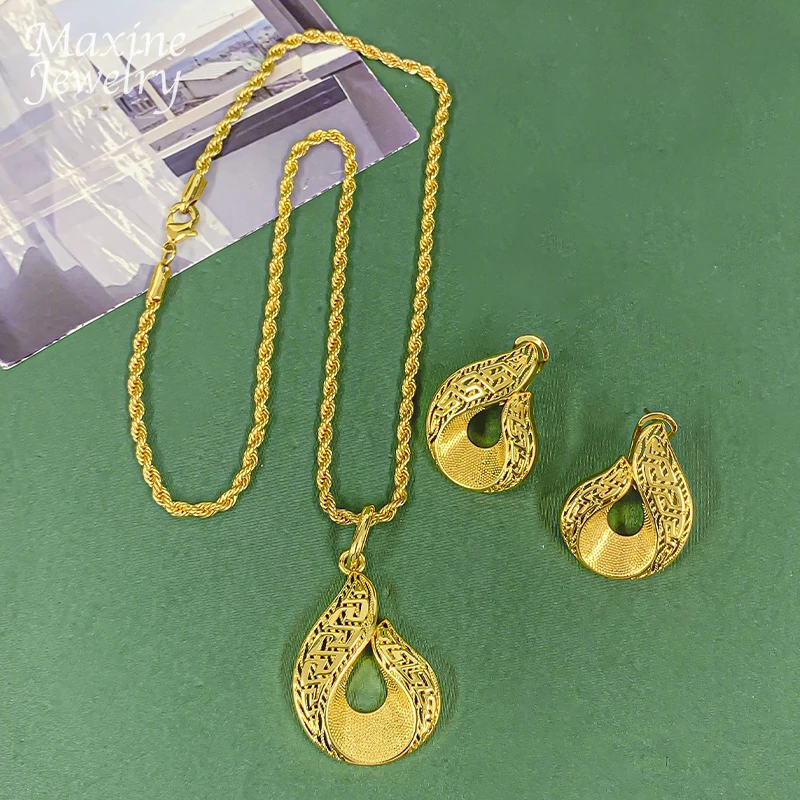 Spezielles Afrikanisches 18K Vergoldetes Kupfer-Schmuckset für Frauen Ohrringe Anhänger mit Kettenhalskette Braut Hochzeit Party Geschenke – Detail 5