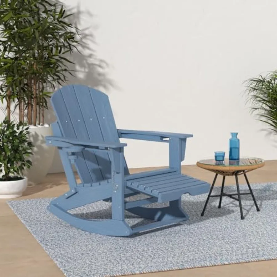 Folding Adirondack Rocking Chair with Retractable Ottoman and Cup Holders, 4-in-1 Multifunctional HDPE Chair for Porch, Patio,