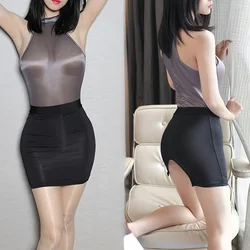 NEWFUNJOIN See Through Sexy Pencil Cut Out Side Split Mini Skirts Black Nightclub Wear Wrap Hip Long Skirt for Women Clothing